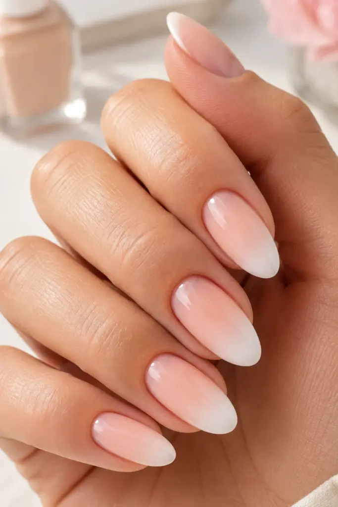 Elegant baby boomer ombré French tip nails with a soft nude-to-white gradient for a polished school look.