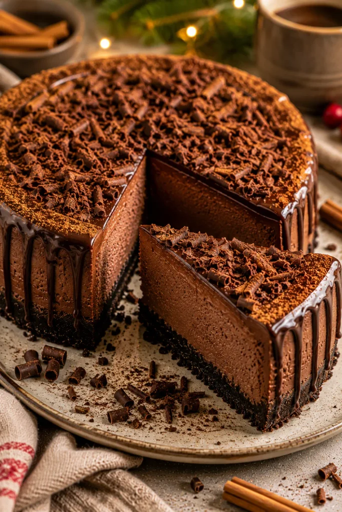 Baked cinnamon chocolate winter cheesecake with rich chocolate filling, warm cinnamon, dark cookie crust, and chocolate garnish.
