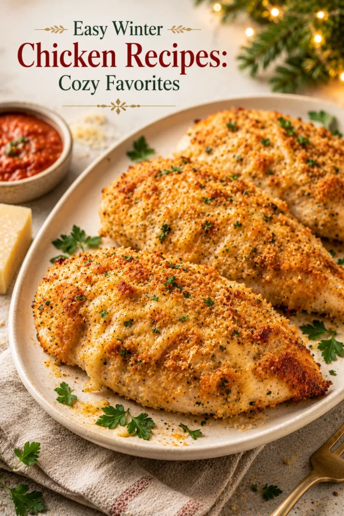 Crispy baked Parmesan chicken with golden herb breadcrumbs and melted Parmesan, photographed in a colorful modern winter setting.