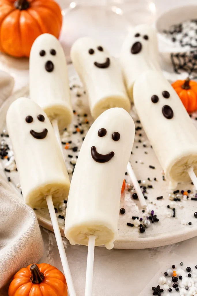 Banana Ghost Pops with white chocolate ghost coating and dark chocolate faces: an easy, trendy Halloween 2026 recipe idea for parties styled for Pinterest.