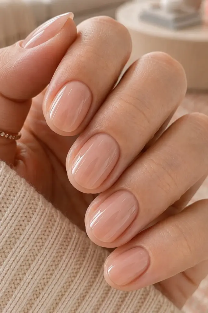Barely-there nude clean girl nails with a natural glossy finish for minimalist back-to-school beauty.