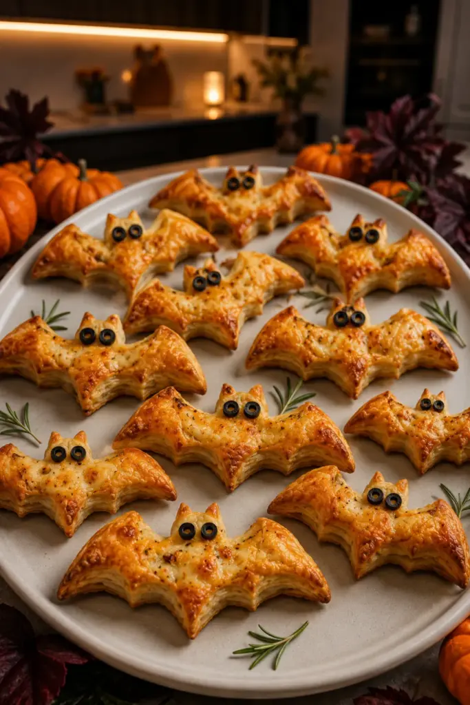 Bat-shaped puff pastry bites filled with cheese and decorated with black olives for a festive Halloween appetizer.