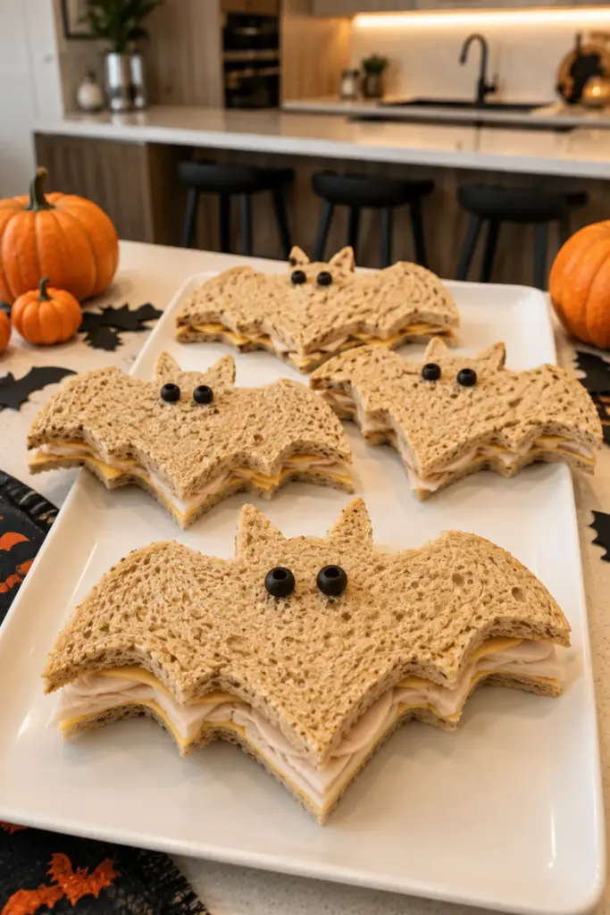 Easy Halloween Lunch Recipe Ideas: Fun Favorites featuring cute bat-shaped turkey and cheese sandwiches with black olive eyes.