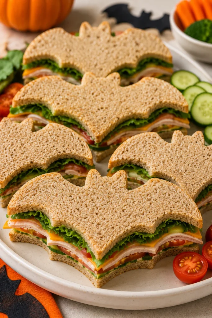 Bat-shaped sandwiches filled with cheese, deli meat, and colorful vegetables are a playful Halloween lunch idea for kids.