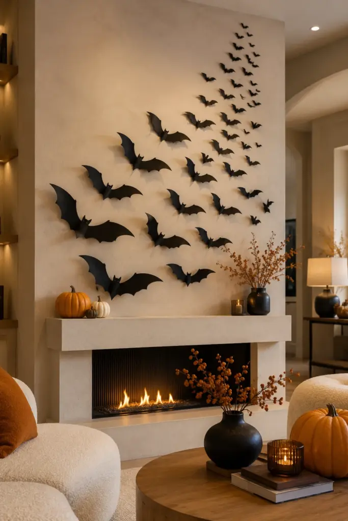 Bat silhouette wall art arranged across a contemporary fireplace wall with pumpkins and warm autumn accents for Best Halloween Aesthetic Design Ideas for Every Home.