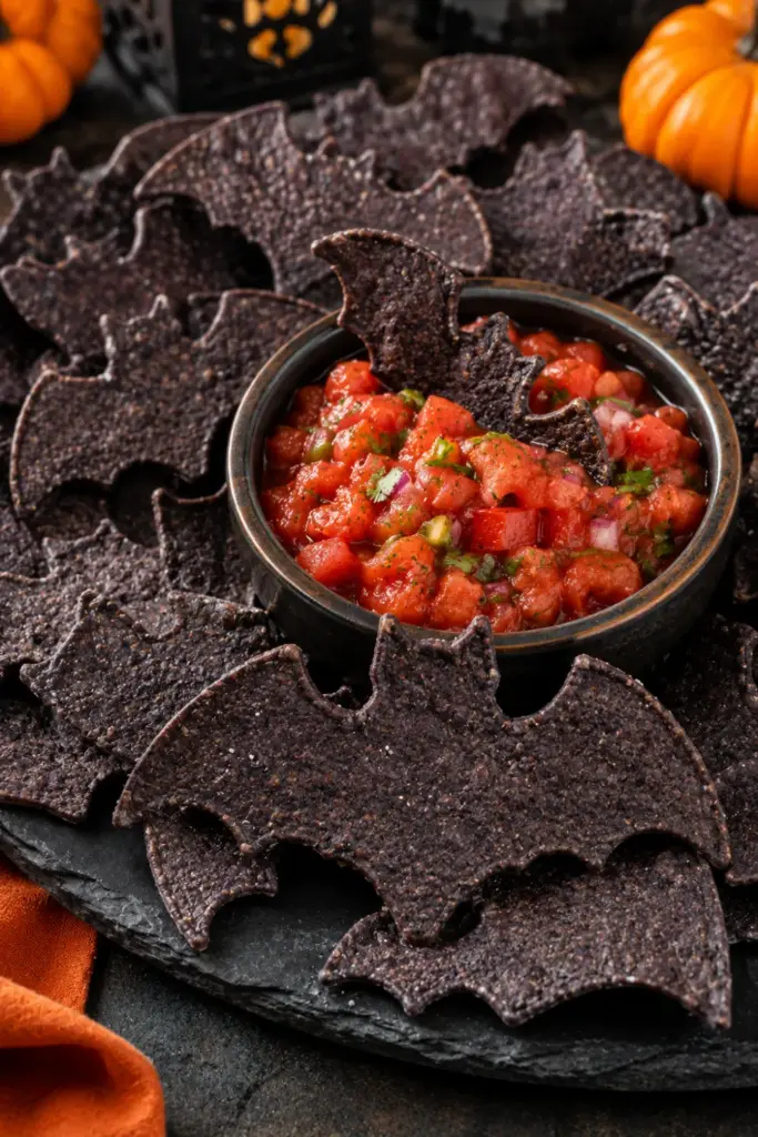 Crisp black bean tortilla chips cut into bat shapes and served with colorful salsa are presented as a modern Halloween appetizer for parties.
