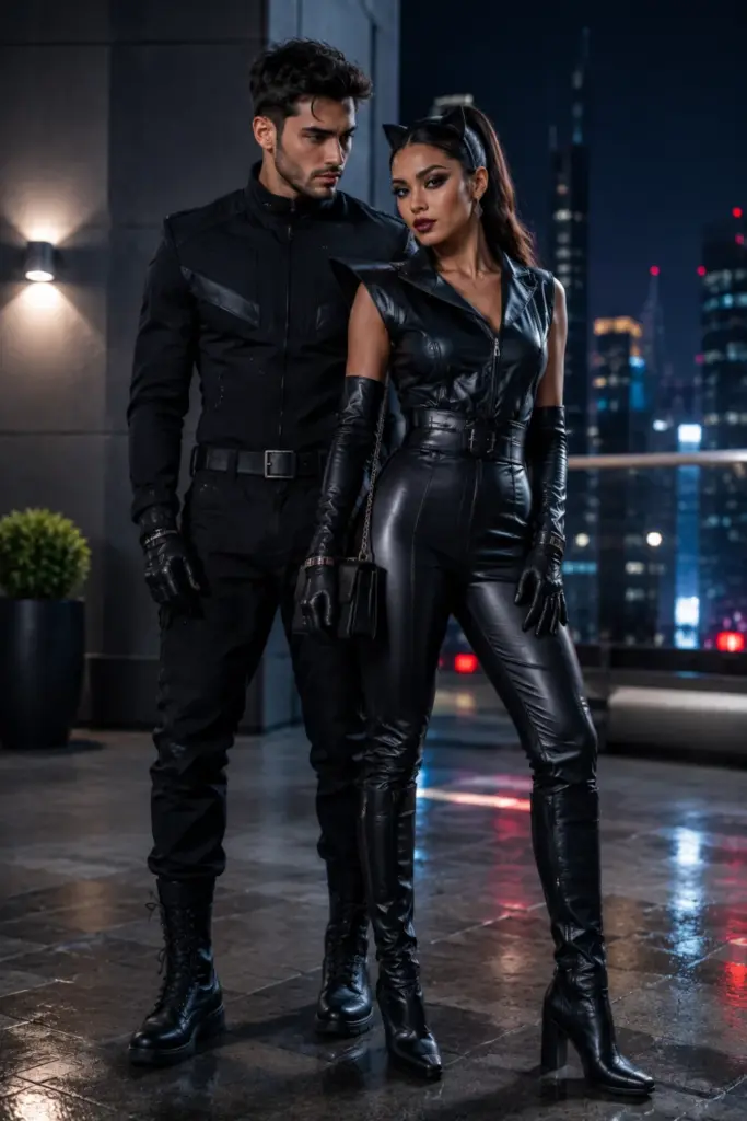 Sleek modern black superhero-inspired Halloween couple with tailored dark styling, contemporary leather textures, polished hair, dramatic makeup, and fashionable accessories.