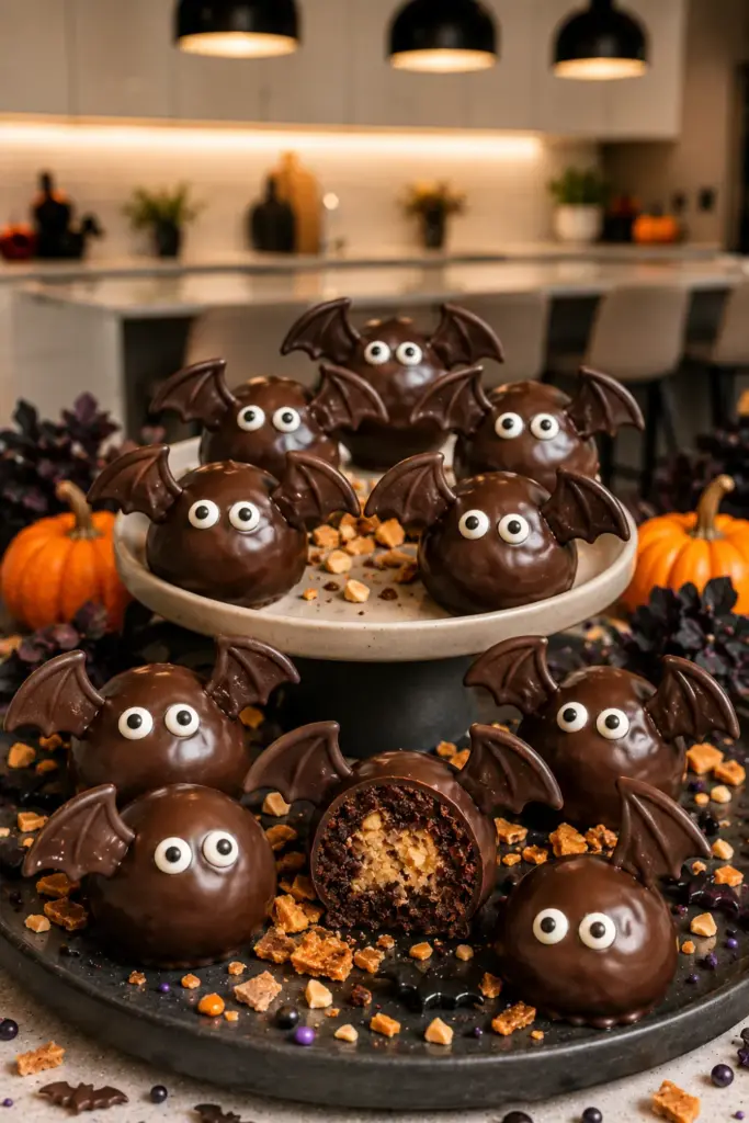 Batty chocolate peanut butter balls covered in chocolate with bat decorations and crunchy peanut accents for a modern Halloween party.