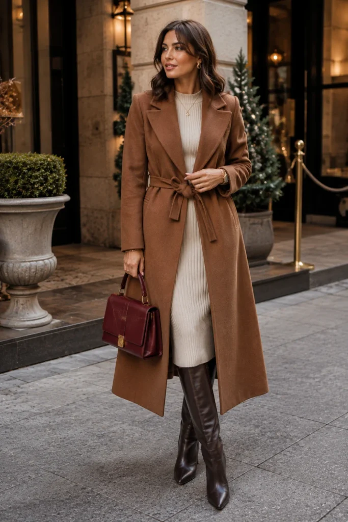 Elegant woman wearing a belted wool coat over a cozy knit dress with knee-high boots and a structured handbag for modern winter style.