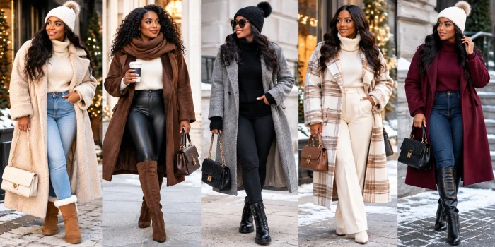 Best casual winter outfit design ideas featuring cozy women’s winter looks with warm coats, knit sweaters, scarves, jeans, boots, and stylish handbags in a modern snowy city setting.