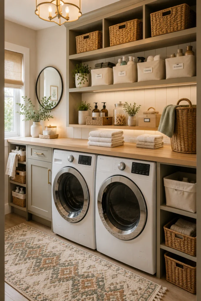 Stylish modern laundry room with coordinated woven baskets and labeled storage bins, sage cabinets, folded towels, and warm contemporary decor.