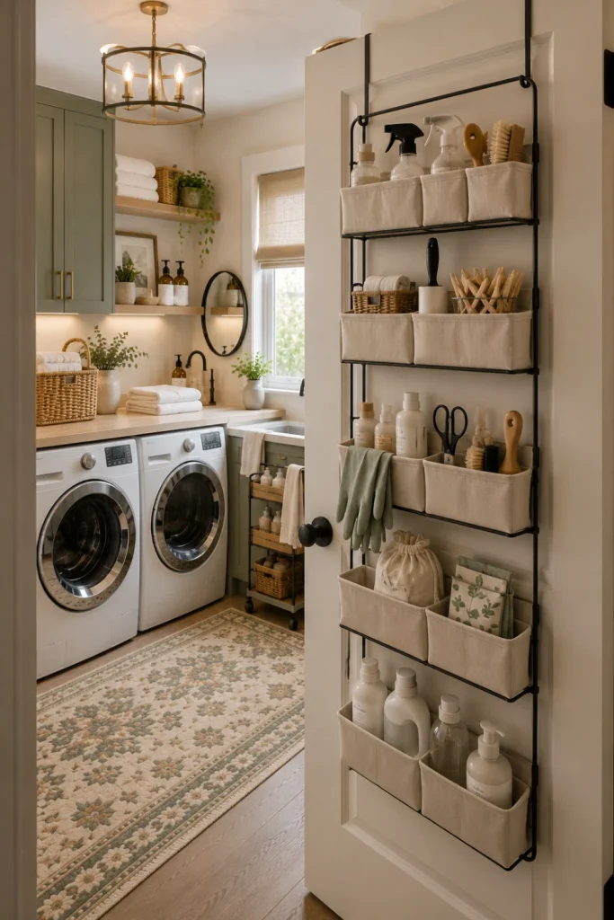 Modern laundry room with an over-the-door organizer filled with laundry supplies, sage cabinets, woven baskets, warm wood accents, and contemporary decor.