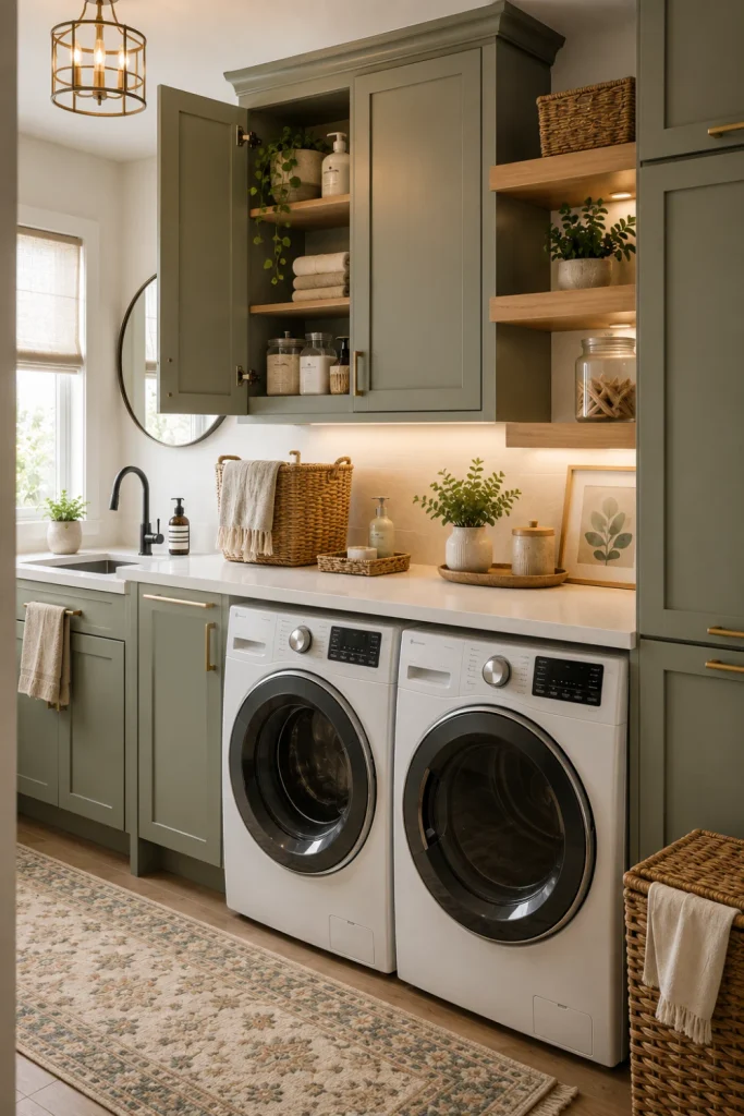 Budget-friendly modern laundry room cabinet makeover with painted sage cabinets, contemporary hardware, organized interiors, and stylish front-load appliances.