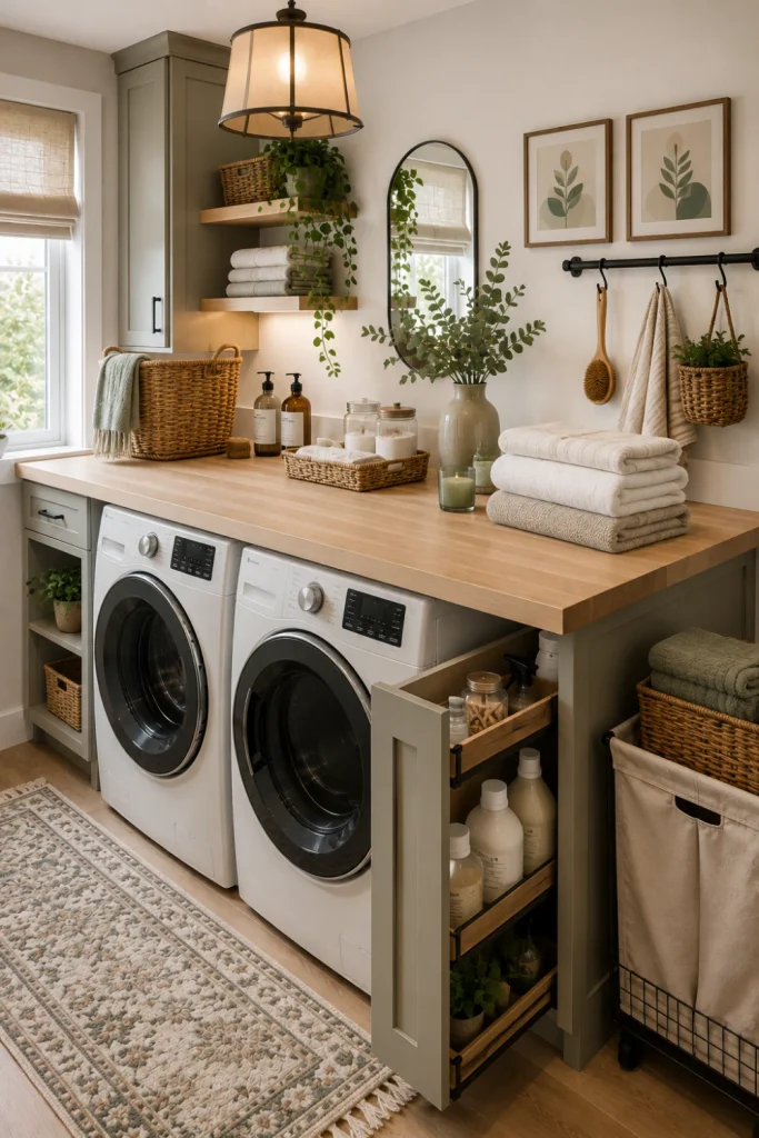 A modern budget laundry room with a wood countertop folding station installed over a front-load washer and dryer, styled with baskets, towels, and contemporary decor.
