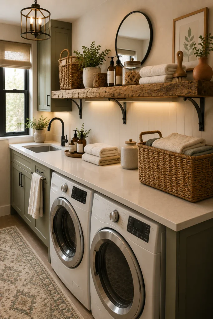 Modern farmhouse laundry room with a DIY reclaimed wood shelf, woven baskets, sage cabinetry, folded towels, and contemporary decor.