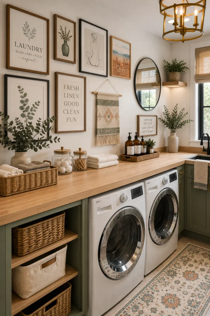 A chic modern laundry room with DIY framed wall art, minimalist laundry signs, sage cabinets, wood shelving, baskets, a mirror, and elegant lighting.