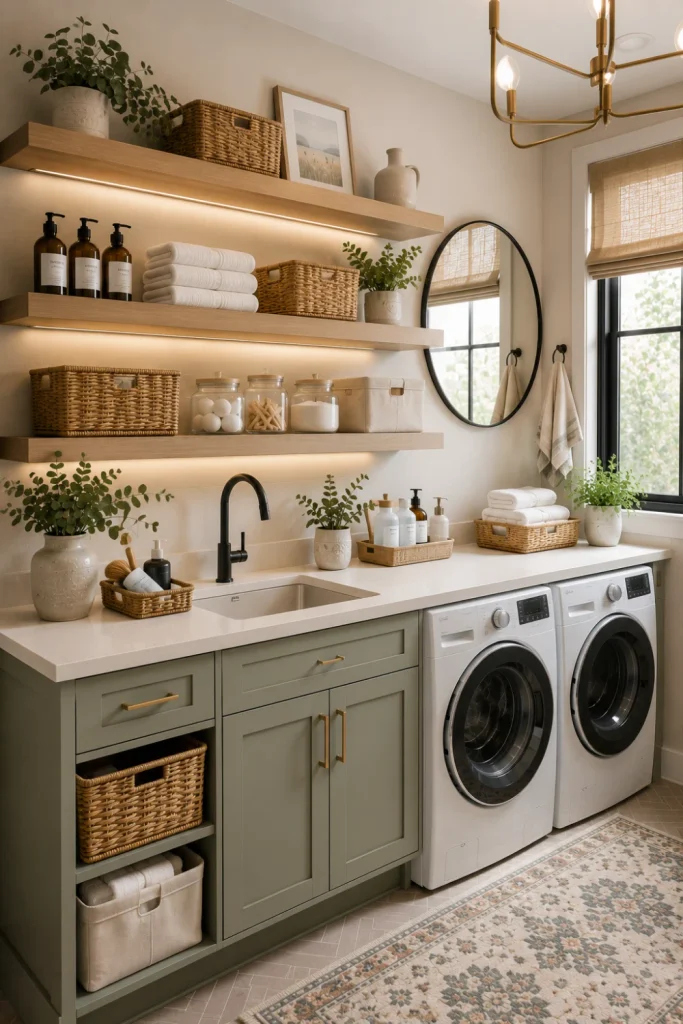 Modern laundry room with natural oak floating shelves above the counter, woven baskets, towels, jars, sage cabinetry, and contemporary lighting.