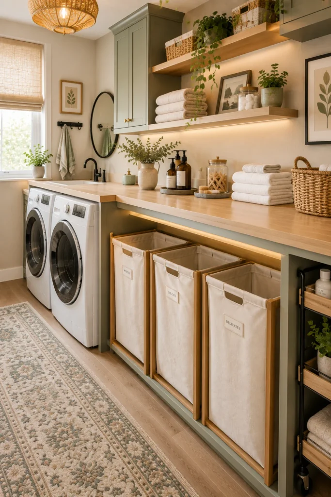 Modern budget laundry room sorting station with labeled hampers for whites, colors, and delicates; sage cabinets; woven baskets; and stylish contemporary decor.