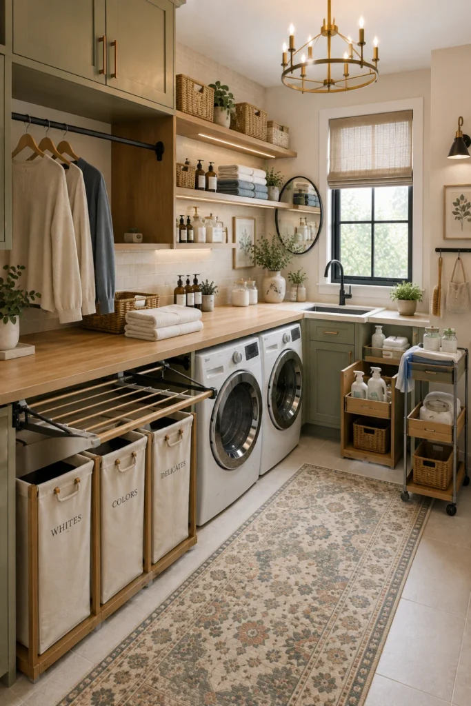 Highly organized modern laundry utility zone combining folding, hanging, sorting, and cleaning storage with sage cabinetry, wood counters, baskets, and contemporary lighting.