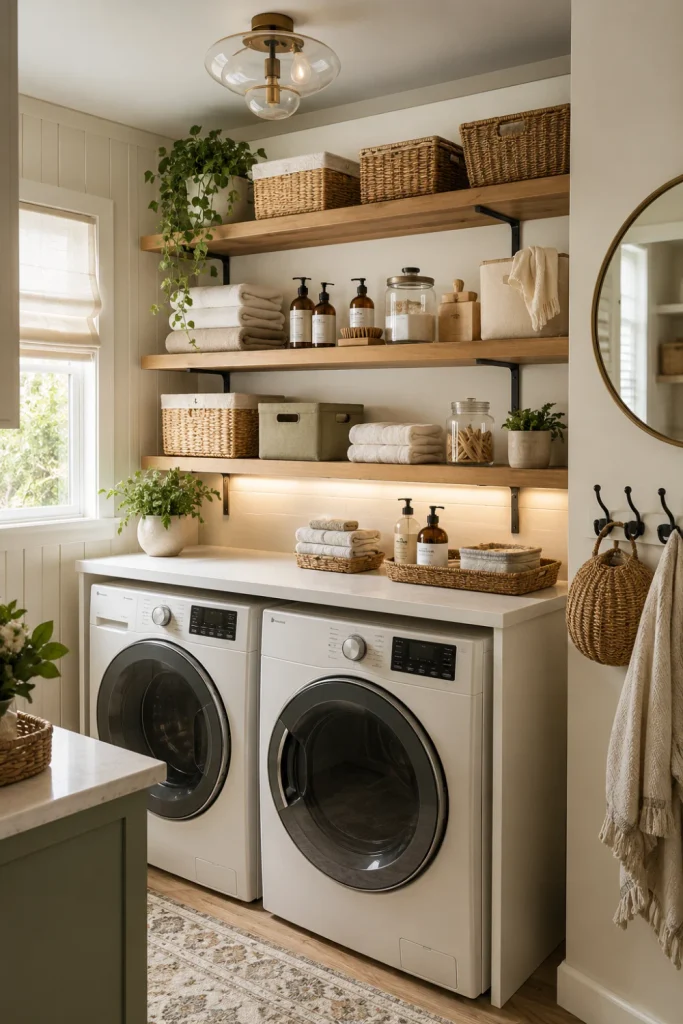 Modern budget laundry room with open wood shelving, woven baskets, organized detergent, folded towels, and front-load appliances in a stylish contemporary design.