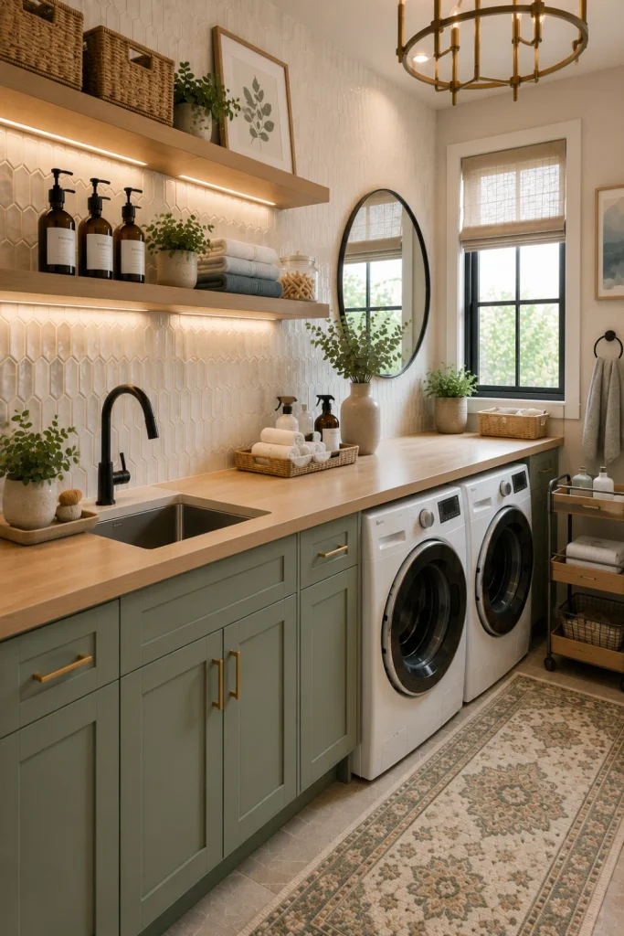 Stylish contemporary laundry room with a peel-and-stick backsplash, sage cabinets, oak countertop, modern washer and dryer, mirror, and warm lighting.