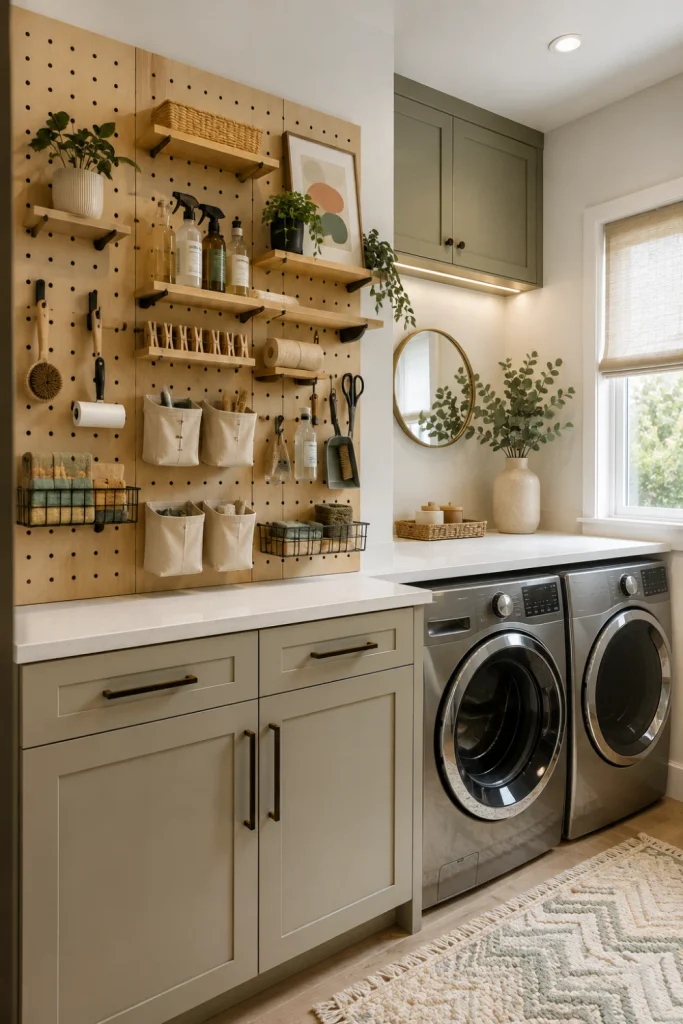 Contemporary DIY laundry room featuring a stylish pegboard organizer with hooks, baskets, brushes, clothespins, cleaning tools, and modern cabinetry.