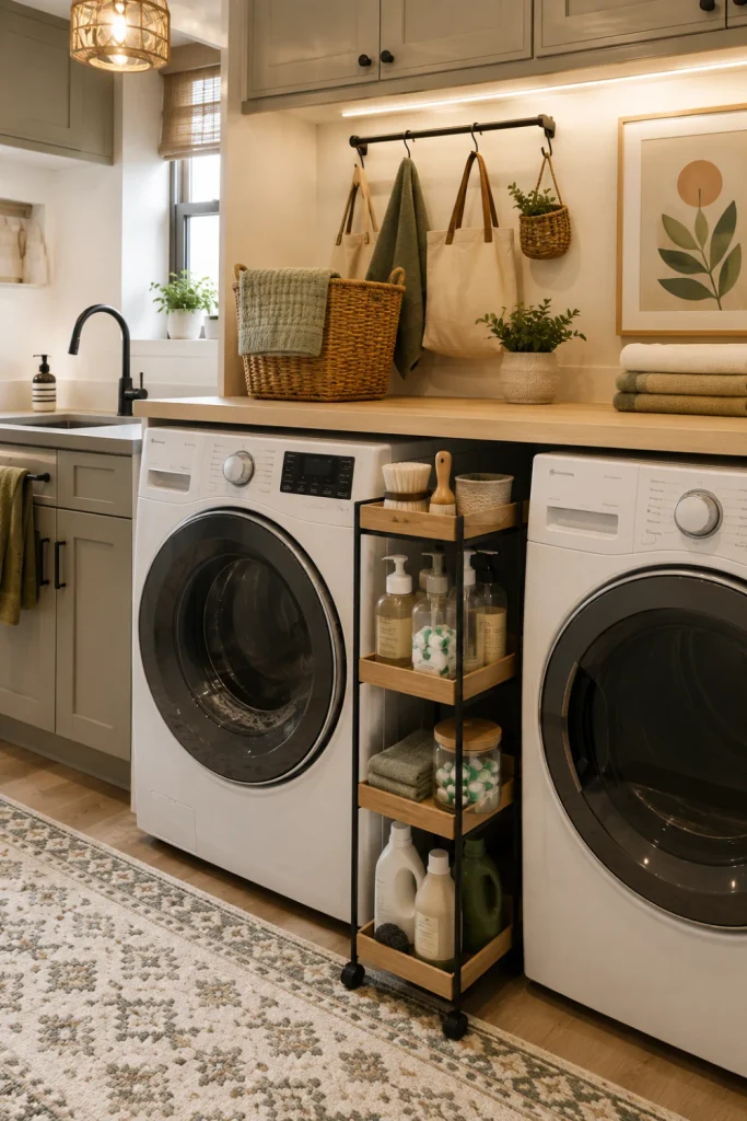 Small modern laundry room with a slim rolling storage cart positioned between front-load washer and dryer, filled with organized laundry supplies.