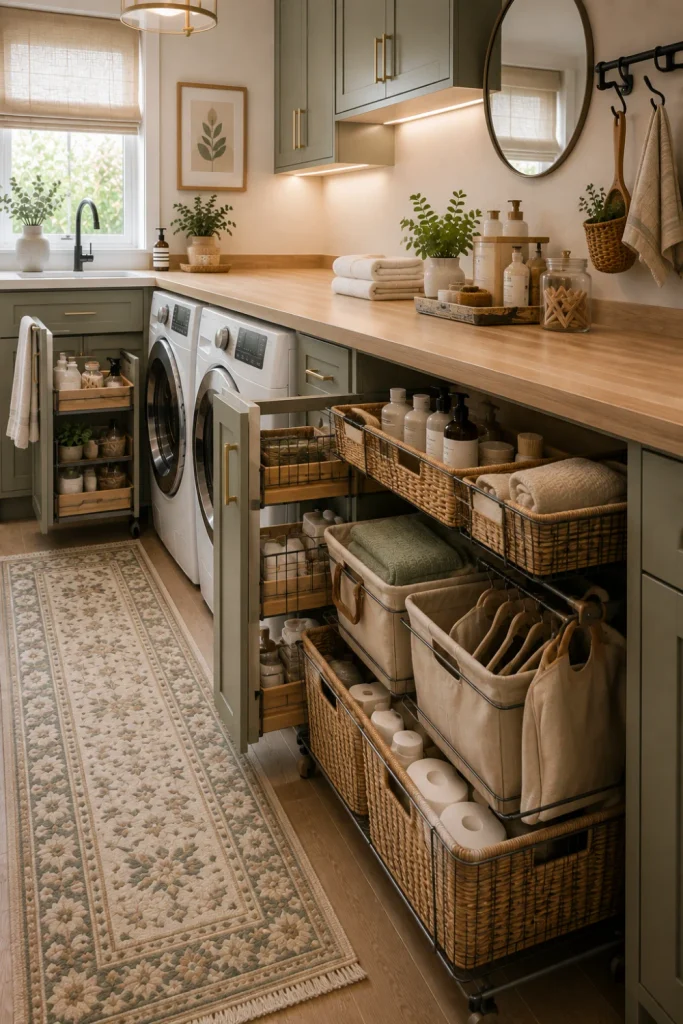 Contemporary laundry room with organized pull-out under-counter baskets, warm greige cabinets, natural wood countertop, towels, and modern storage solutions.
