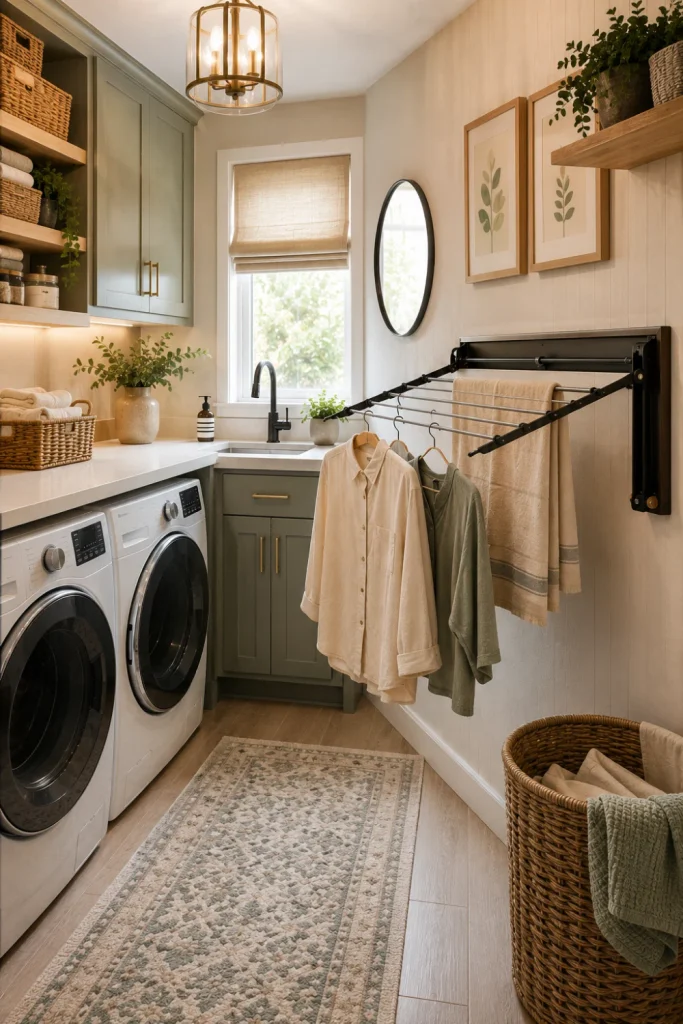Modern budget laundry room with a foldable wall-mounted drying rack, sage cabinetry, woven baskets, natural wood accents, and stylish contemporary lighting.