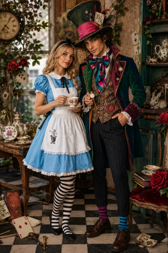 Whimsical Alice in Wonderland and Mad Hatter Halloween couple costumes featuring blue-and-white Alice styling, an oversized colorful hat, striped tights, and fantasy accessories.