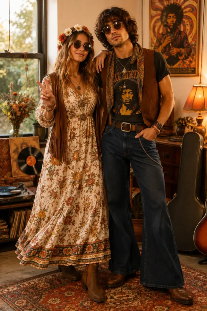 Boho flower child and 70s rocker Halloween couple outfits featuring floral prints, flared denim, fringe, vintage sunglasses, and earthy retro colors.