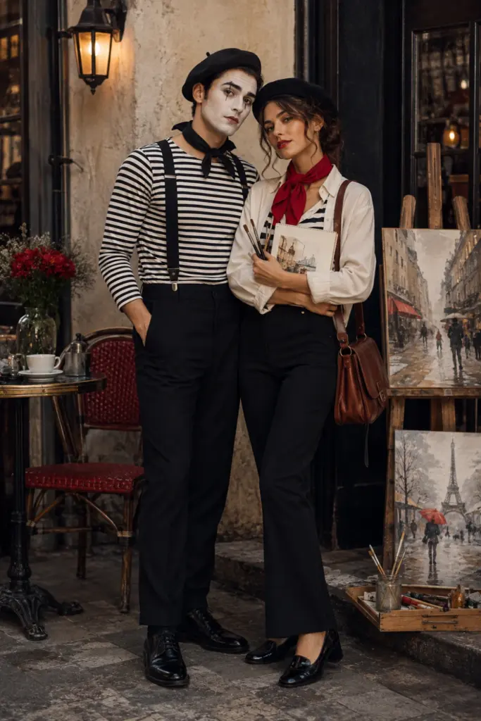 Chic mime and French street artist Halloween couple costumes in black, white, and red with berets, stripes, scarves, and artistic accessories.