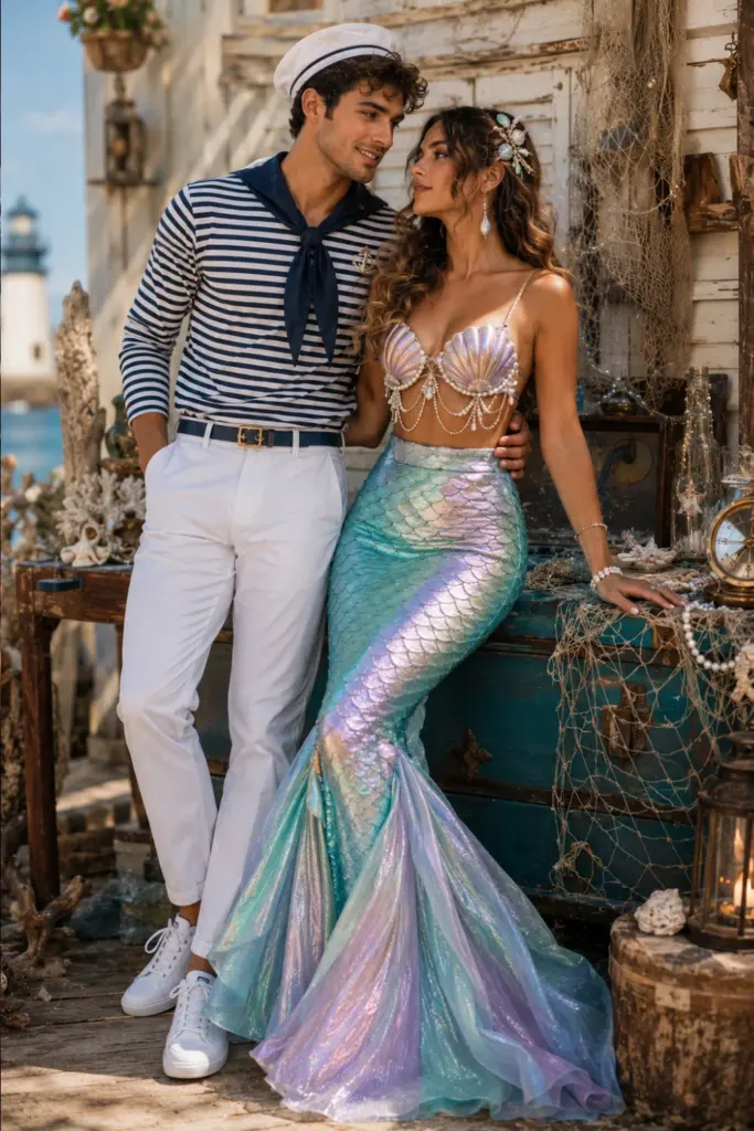 Classic sailor and mermaid Halloween couple costumes with navy stripes, sailor cap, shimmering mermaid outfit, pearl accessories, and coastal details.