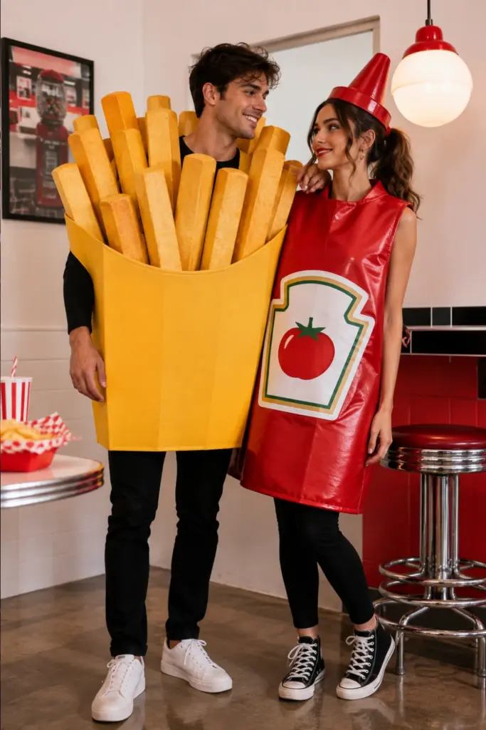 Funny fries and ketchup Halloween couple costumes featuring an oversized yellow fries container, bright red ketchup outfit, and playful fast-food styling.