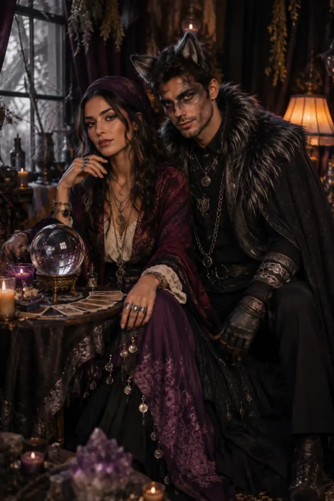 Mystical fortune teller and wolf Halloween couple costumes featuring flowing fabrics, crystal-inspired accessories, silver details, and a dramatic yet elegant dark-fantasy palette.