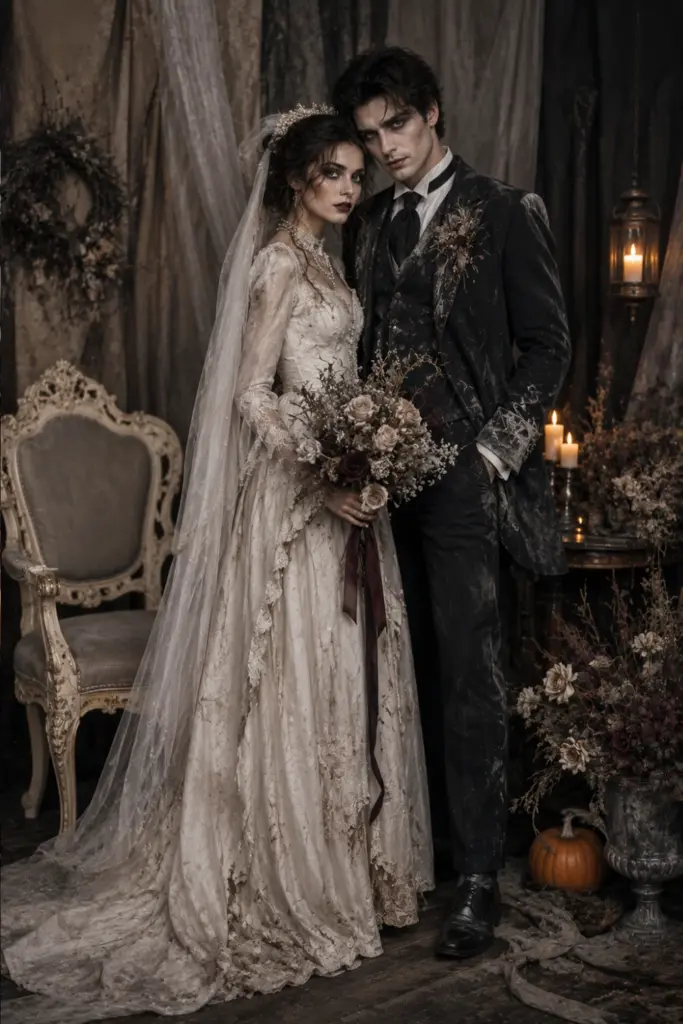 Elegant ghostly bride and groom Halloween couple costumes with aged formalwear, pale makeup, dramatic veil, dried flowers, and subtle spooky details.