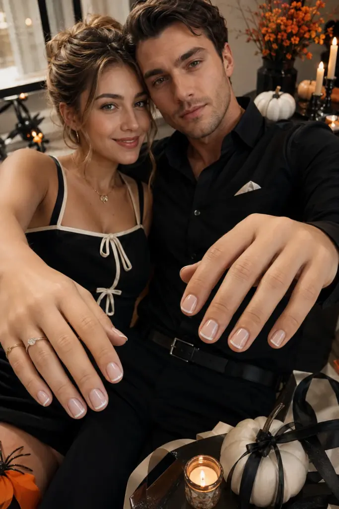 Ultra-realistic couple wearing coordinated minimalist Halloween outfits with elegant micro-French manicures, photographed in a colorful Pinterest-ready setting.