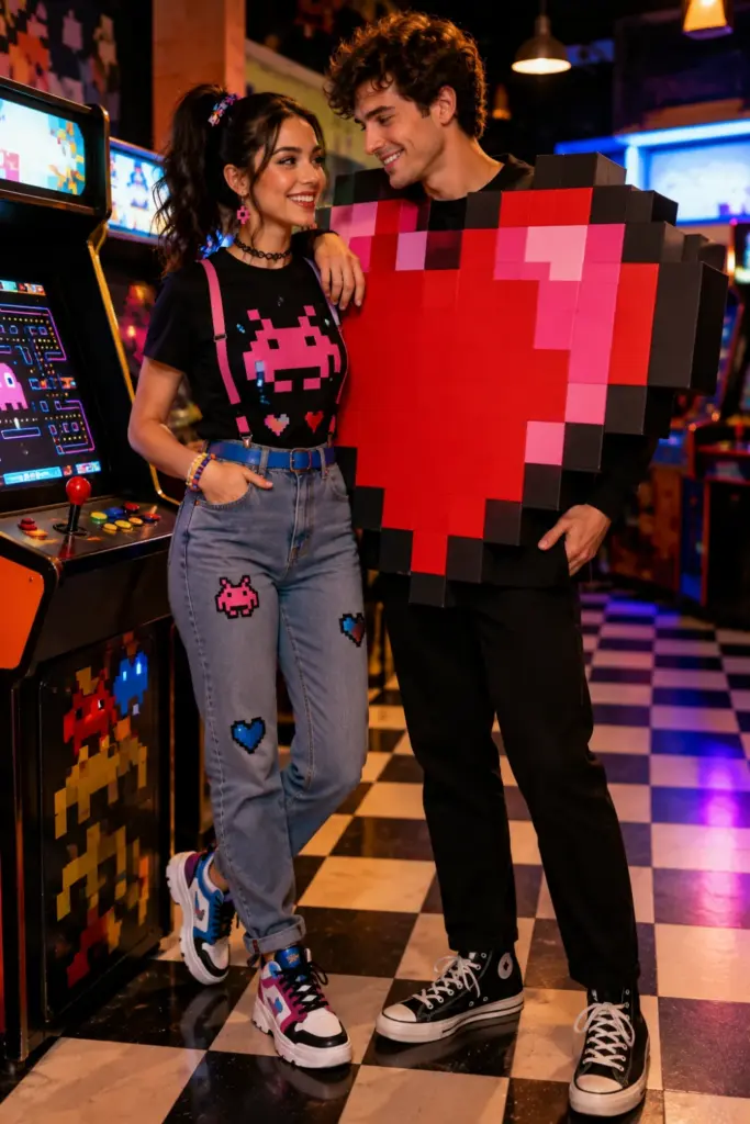 Colorful retro arcade and pixel heart Halloween couple costume with vibrant 80s-inspired styling and playful coordinated accessories.
