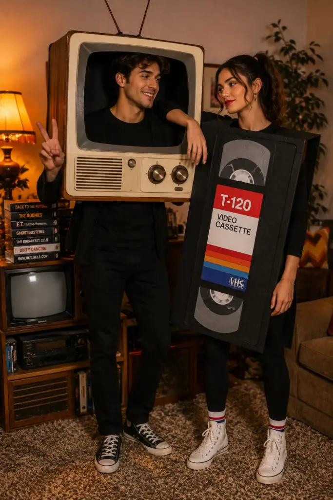 Retro TV and VHS tape Halloween couple costumes featuring an oversized vintage television costume, black VHS-inspired outfit, and nostalgic 80s and 90s styling.