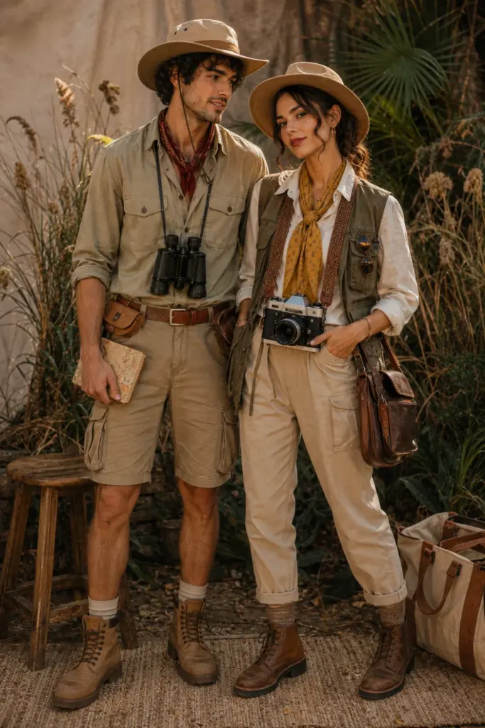 Stylish safari explorer and camera Halloween couple costumes with khaki clothing, safari hat, binoculars, camera accessories, and earthy coordinated colors.