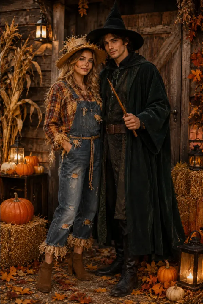 Rustic scarecrow and classic wizard Halloween couple costumes with plaid, denim, straw accents, a dark robe, a pointed hat, and autumn colors.