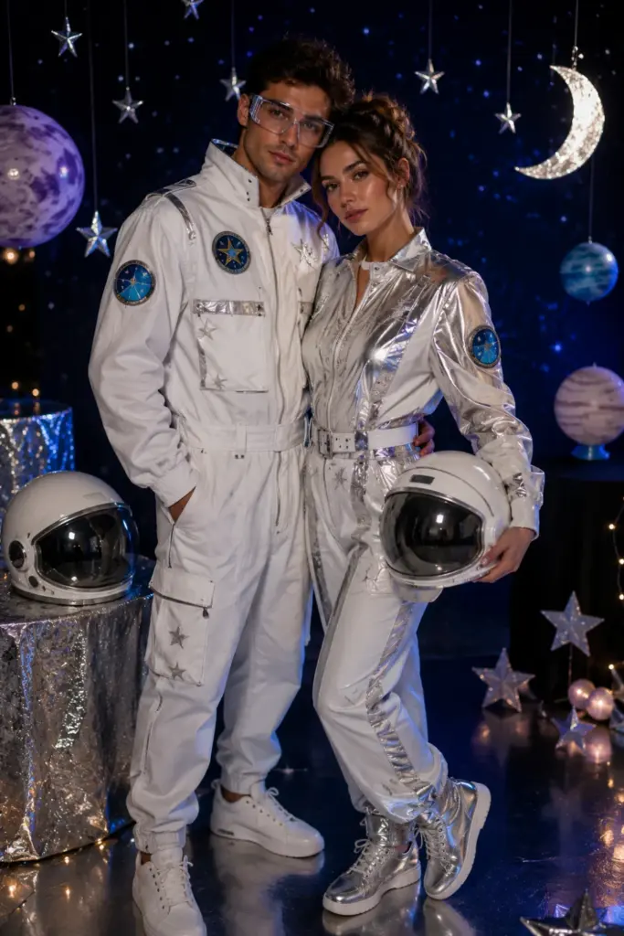 Stylish modern astronaut couple Halloween costumes in white and silver with futuristic accessories, photographed in a colorful Pinterest-ready composition.