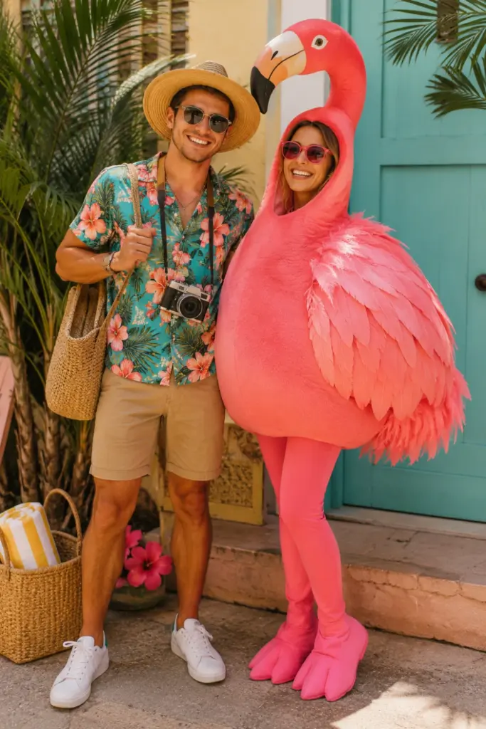 Colorful tropical tourist and giant flamingo Halloween couple costumes with Hawaiian shirts, sun hats, sunglasses, cameras, and oversized pink flamingo designs.