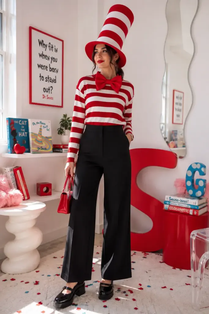 Modern Cat in the Hat Halloween DIY outfit with a red striped shirt, tall red hat, bow tie, black trousers, and 2026 styling.