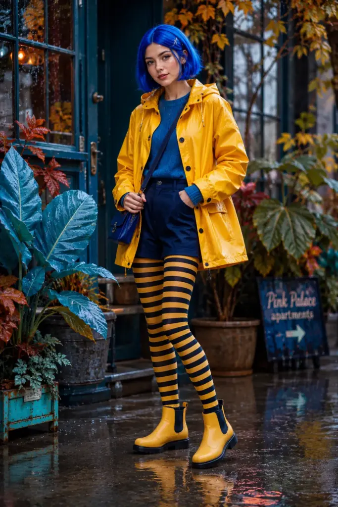 Cute modern Coraline Halloween DIY outfit with a yellow raincoat, blue wig, striped tights, and contemporary 2026 styling.