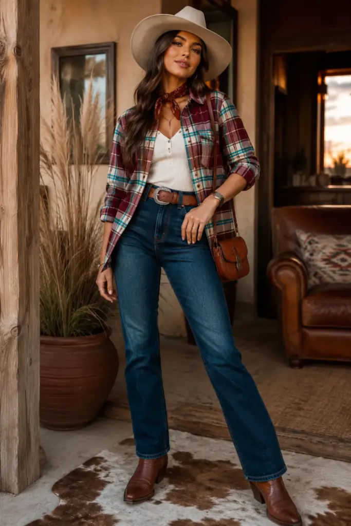 Modern cowboy/cowgirl Halloween DIY outfit with flannel shirt, jeans, boots, cowboy hat, bandana, and 2026 western styling.