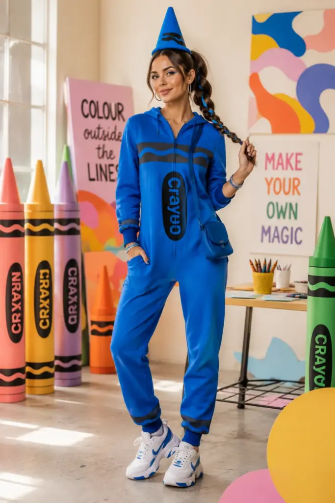 A cute crayon Halloween DIY outfit with a monochrome-colored onesie, matching felt cone hat, sneakers, and modern 2026 styling.