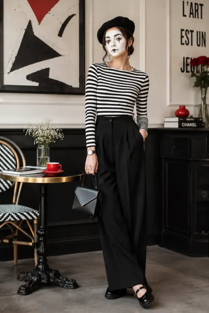 Chic modern mime Halloween DIY outfit with a striped shirt, black pants, white face paint, beret, and contemporary 2026 styling.