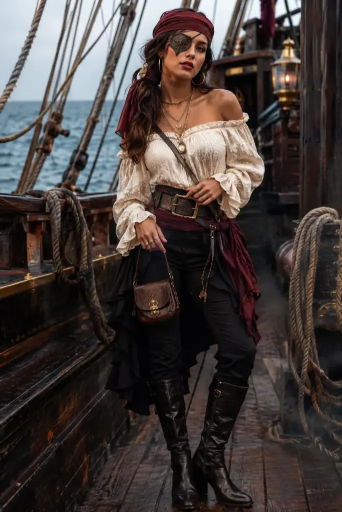 Modern pirate Halloween DIY outfit with an off-shoulder blouse, bandana, boots, eye patch, layered jewelry, and 2026 fashion styling.