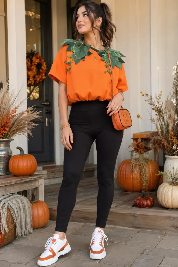 Cute pumpkin Halloween DIY outfit with an orange cotton-stuffed T-shirt, green felt leaves, black leggings, and modern 2026 accessories.